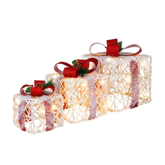Lighted White Rattan Gift Boxes