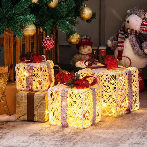Lighted White Rattan Gift Boxes