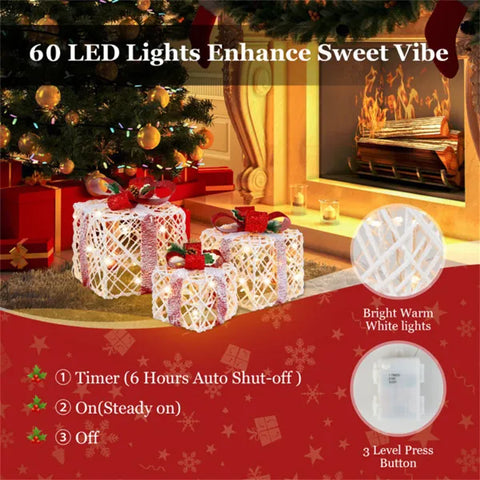 Lighted White Rattan Gift Boxes